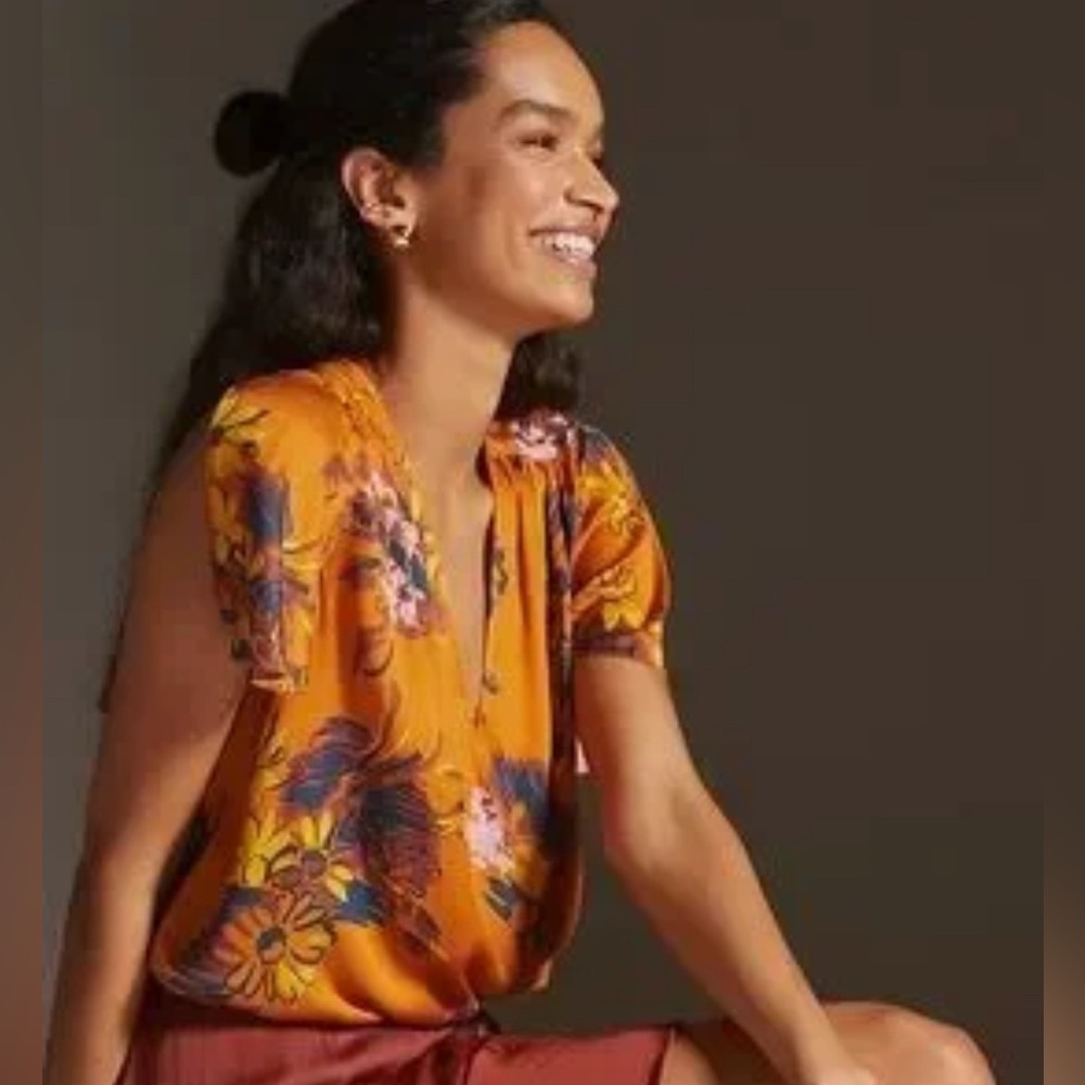 Anthropologie Tiny Venus Knit Wrap Top Floral Orange